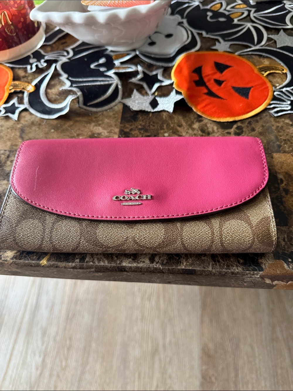 Coach Pink Flap Brown Signature Continental Wallet